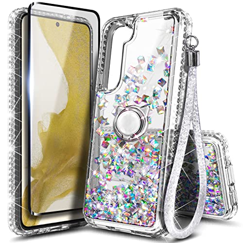 NGB Supremacy Compatible with Samsung Galaxy S23 Case (6.1 Inch) with Tempered Glass Screen Protector, Ring Holder/Wrist Strap, Girls Women Bling Liquid Floating Glitter Cute Case (Crystal Gem)