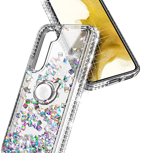 NGB Supremacy Compatible with Samsung Galaxy S23 Case (6.1 Inch) with Tempered Glass Screen Protector, Ring Holder/Wrist Strap, Girls Women Bling Liquid Floating Glitter Cute Case (Crystal Gem)