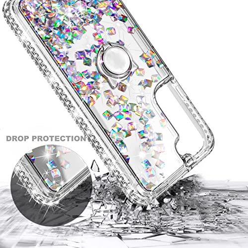 NGB Supremacy Compatible with Samsung Galaxy S23 Case (6.1 Inch) with Tempered Glass Screen Protector, Ring Holder/Wrist Strap, Girls Women Bling Liquid Floating Glitter Cute Case (Crystal Gem)