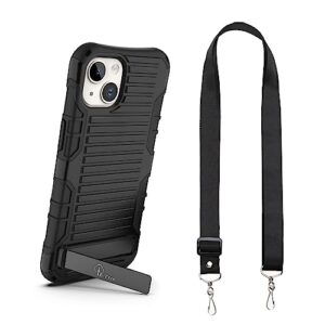 e-tree compatible with iphone 14 case for iphone 13 case black, [with crossbody lanyard and stand] [shockproof] protective phone cover for iphone 13/14, strap around neck
