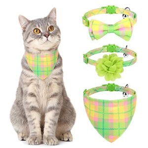 Breakaway Cat Collar with Bow Tie and Bell, Cute Flower & Bandana, 3 Pack Safety Buckle Kitten Collars, Adjustable Pet Collar for Girl Boy Cats Puppy (Green)