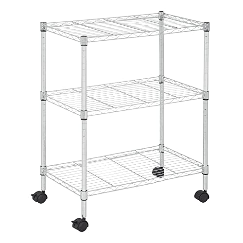 YRLLENSDAN 3 Tier Shelf, Small Closet Shelving Adjustable Shelving Unit Kitchen Storage Shelves with Wheels, Heavy Duty Steel Organizer Wire Rack, Chrome (32" H x 23" W x 13" D)