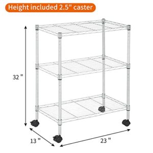 YRLLENSDAN 3 Tier Shelf, Small Closet Shelving Adjustable Shelving Unit Kitchen Storage Shelves with Wheels, Heavy Duty Steel Organizer Wire Rack, Chrome (32" H x 23" W x 13" D)