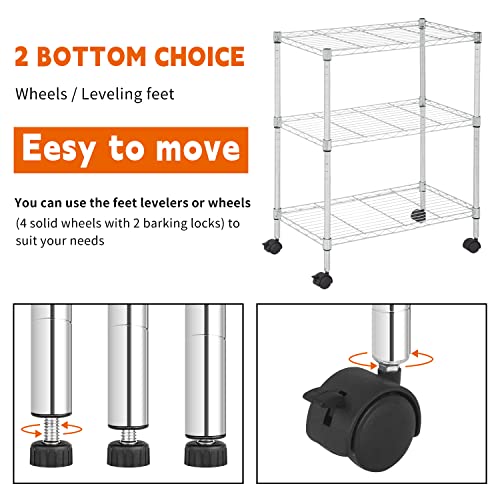 YRLLENSDAN 3 Tier Shelf, Small Closet Shelving Adjustable Shelving Unit Kitchen Storage Shelves with Wheels, Heavy Duty Steel Organizer Wire Rack, Chrome (32" H x 23" W x 13" D)