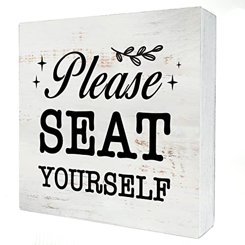 Please Seat Yourself Wood Box Sign Home Decor Rustic Bathroom Quote Wooden Box Sign Block Plaque for Wall Tabletop Desk Home Bathroom Restroom Decoration 5" x 5"