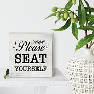 Please Seat Yourself Wood Box Sign Home Decor Rustic Bathroom Quote Wooden Box Sign Block Plaque for Wall Tabletop Desk Home Bathroom Restroom Decoration 5" x 5"