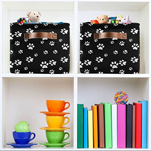 ALAZA Cute Dog Paw Print Black White Large Storage Basket with Handles Foldable Decorative 1 Pack Storage Bin Box for Organizing Living Room Shelves Office Closet Clothes