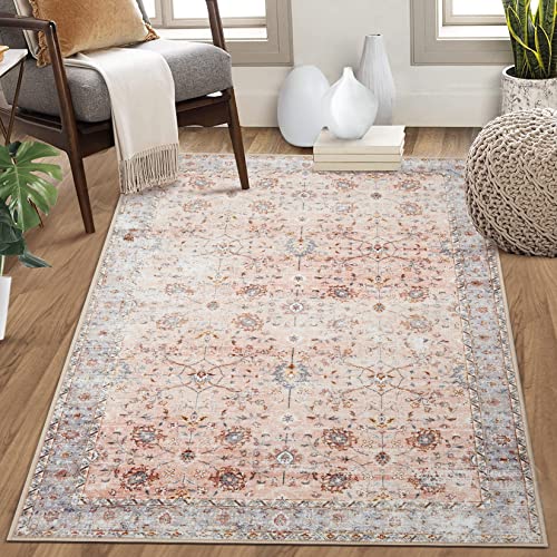 Fashionwu Vintage Rug 5x7 Area Rug for Bedroom Machine Washable Rug Aesthetic Rug Non-Shedding Anti-Slip Rug Carpet Office Rug Patio Rug Dining Room Rug 5 x 7 Large Rug, Blush