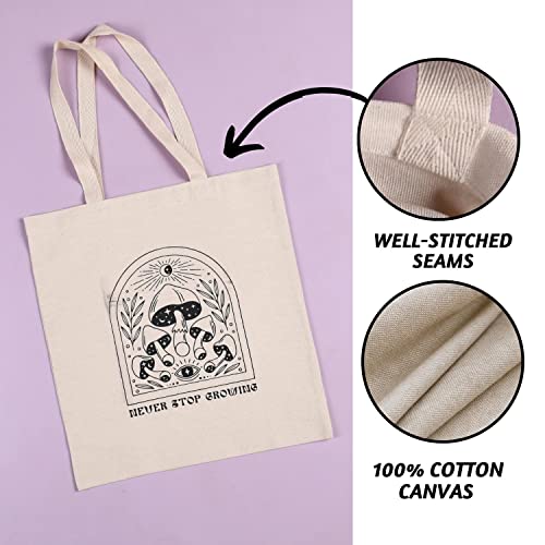 Folkulture Canvas Tote Bag with Zipper for Women | 16" x 15", 100% Cotton Reusable Grocery Bag with Pocket, Tote Bag Aesthetic for Men & Teens | Tote Bags for Work Travel Shopping (Never Stop Growing)