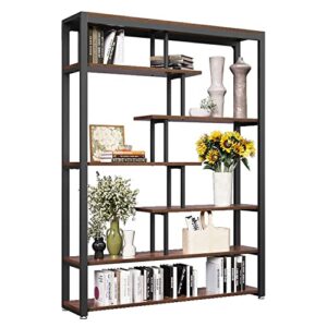 wildhome 7-shelves staggered bookshelf, 71 inch extra tall bookcase,vintage book shelves display shelf organizer for office, study room, living room,(retro brown)