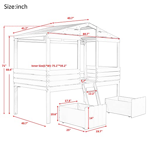 Merax Twin Kids Wood Low Loft House Bed with Drawers and Ladder Loft Bunk Bed for Juniors,Boys, Girls,No Box Spring Needed, Gray