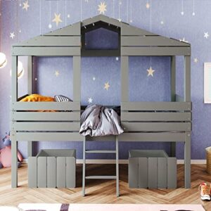 merax twin kids wood low loft house bed with drawers and ladder loft bunk bed for juniors,boys, girls,no box spring needed, gray