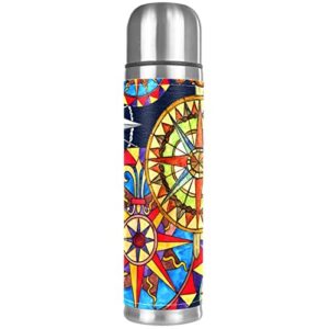 aesthetic colorful compasses watercolor stainless steel water bottle, leak-proof travel thermos mug, double walled vacuum insulated flask 17 oz