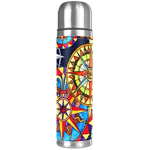 Aesthetic Colorful Compasses Watercolor Stainless Steel Water Bottle, Leak-Proof Travel Thermos Mug, Double Walled Vacuum Insulated Flask 17 OZ