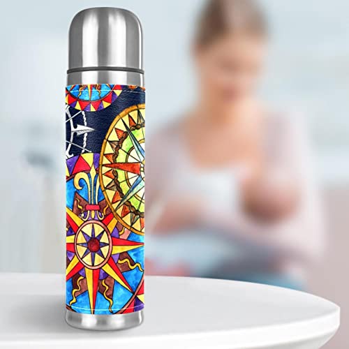 Aesthetic Colorful Compasses Watercolor Stainless Steel Water Bottle, Leak-Proof Travel Thermos Mug, Double Walled Vacuum Insulated Flask 17 OZ