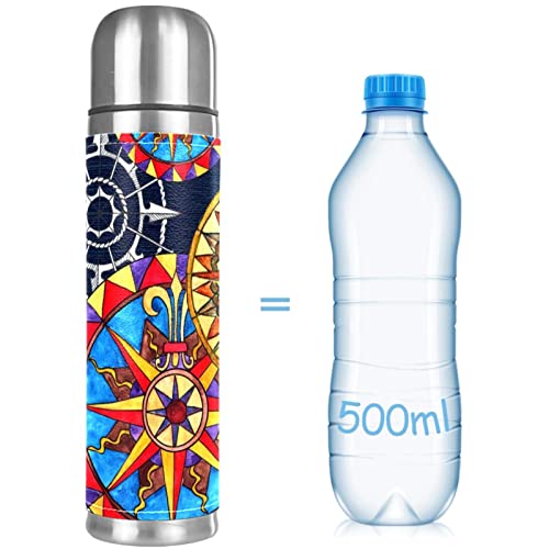 Aesthetic Colorful Compasses Watercolor Stainless Steel Water Bottle, Leak-Proof Travel Thermos Mug, Double Walled Vacuum Insulated Flask 17 OZ