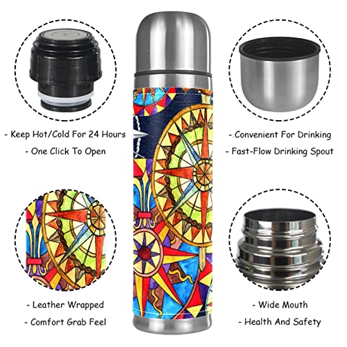 Aesthetic Colorful Compasses Watercolor Stainless Steel Water Bottle, Leak-Proof Travel Thermos Mug, Double Walled Vacuum Insulated Flask 17 OZ