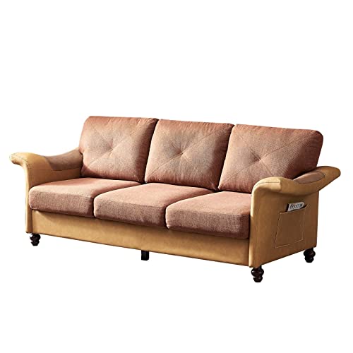 TMEOSK 3-Seat Sofa Couch Loveseat, 84" Modern Upholstered Linen Loveseat Sofa Couch with Storage Pocket and Wood Legs for Small Spaces Bedroom Apartment Office Living Room (Brown)