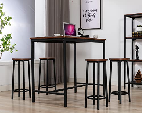 5 Piece Bar Table Set, 43.3” Industrial Dining Table Set, Counter Height Table with Bar Stools Set of 5, Kitchen Breakfast Table and Chairs for Dining Room, Living Room, Apartment