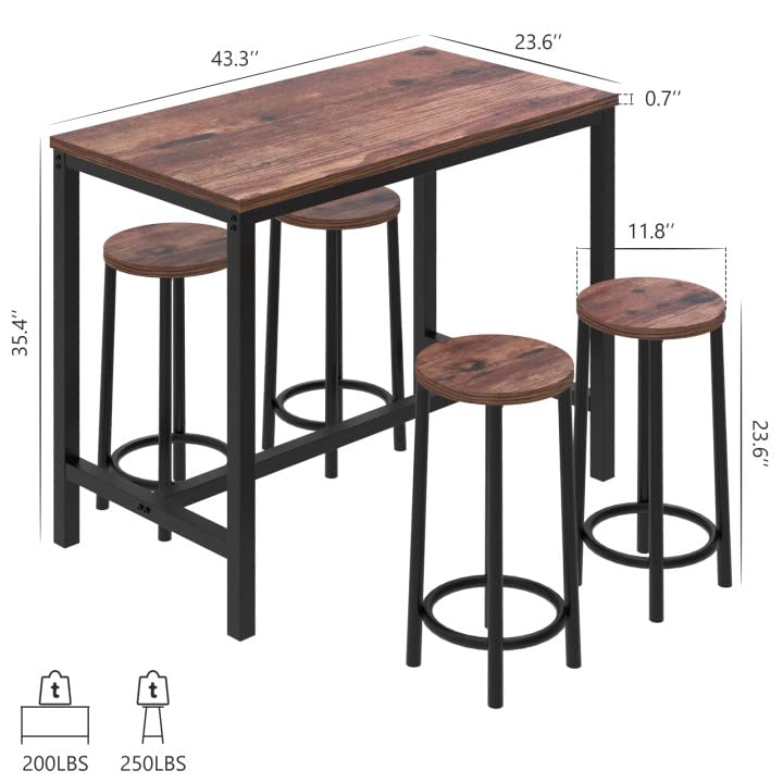 5 Piece Bar Table Set, 43.3” Industrial Dining Table Set, Counter Height Table with Bar Stools Set of 5, Kitchen Breakfast Table and Chairs for Dining Room, Living Room, Apartment