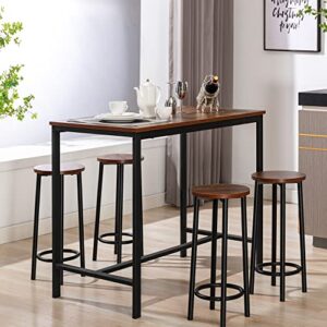 5 Piece Bar Table Set, 43.3” Industrial Dining Table Set, Counter Height Table with Bar Stools Set of 5, Kitchen Breakfast Table and Chairs for Dining Room, Living Room, Apartment