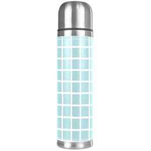 turquoise grid plaid pattern stainless steel water bottle leak-proof, double walled vacuum insulated flask thermos cup travel mug 17 oz