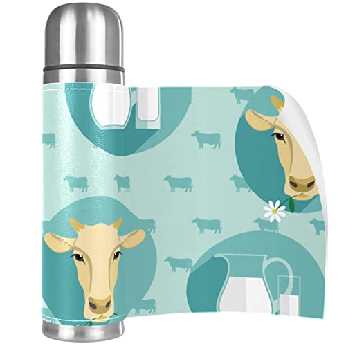 Cow Heads and Milk Jug Stainless Steel Water Bottle, Leak-Proof Travel Thermos Mug, Double Walled Vacuum Insulated Flask 17 OZ
