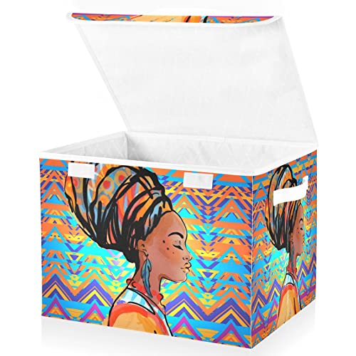 innewgogo African Woman Storage Bins with Lids for Organizing Dust-proof Storage Bins with Handles Oxford Cloth Storage Cube Box for Home