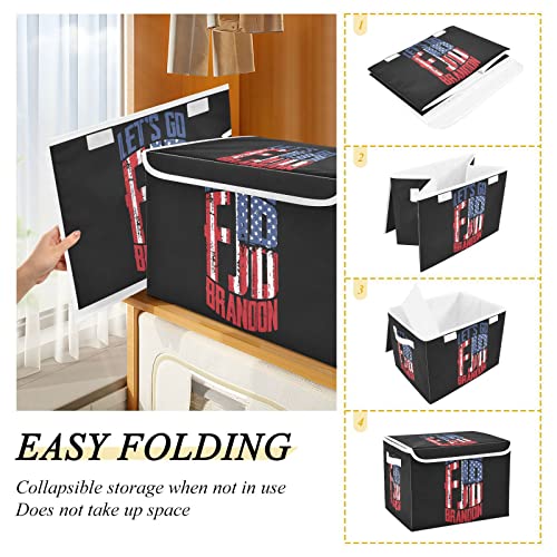 innewgogo Brandon Patriotic American Flag Storage Bins with Lids for Organizing Decorative Callapsible Storage Basket with Handles Oxford Cloth Storage Cube Box for Dog Toys