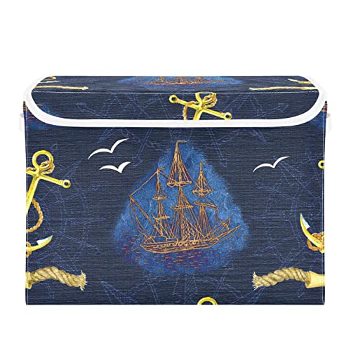 innewgogo Golden Anchor Sailing Ship Storage Bins with Lids for Organizing Cube Cubby with Handles Oxford Cloth Storage Cube Box for Car