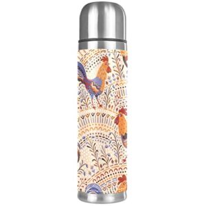seamless art cock rooster stainless steel water bottle, leak-proof travel thermos mug, double walled vacuum insulated flask 17 oz