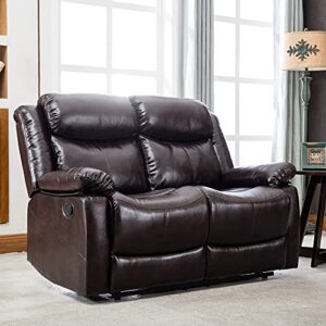 moeo leather reclining loveseat sofa, manual living room 2 seat couch for dorm small apartment home, brown