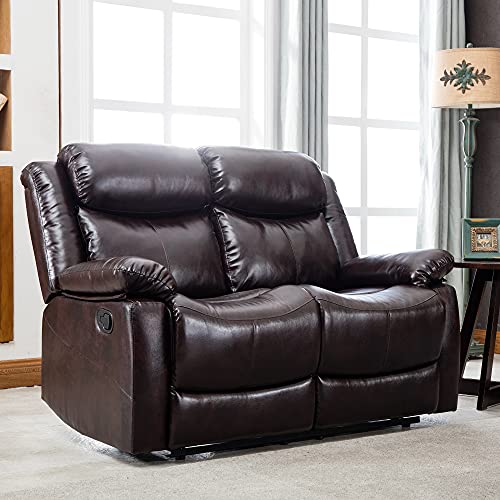 MOEO Leather Reclining Loveseat Sofa, Manual Living Room 2 Seat Couch for Dorm Small Apartment Home, Brown