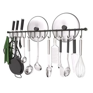 okepoo 304 stainless steel kitchen utensil hanger - 30 inch wall mount with 10 noiseless sliding hooks, pots and pans hanging rack, organizer storage perfect for organizing cooking tools, black