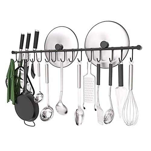 OKEPOO 304 Stainless Steel Kitchen Utensil Hanger - 30 Inch Wall Mount with 10 Noiseless Sliding Hooks, Pots and Pans Hanging Rack, Organizer Storage Perfect for Organizing Cooking Tools, Black