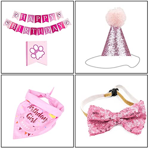 Dog Birthday Party Supplies-Dog Birthday Set with Dog Bandanas,Dog Hat，Dog Collar and Birthday Banner,Dog Party Decorations for Small Medium Large Dog Pet. (Pink)