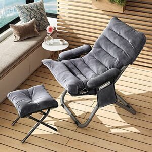 CMFTGDS Lazy Chair with Ottoman, Foldable Modern Lounge Accent Chair with Armrests and a Side Pocket, Leisure Upholstered Sofa Reading Chair with Footrest for Small Space