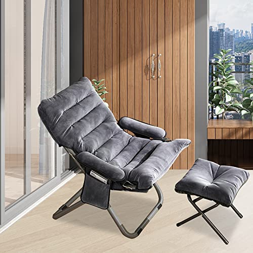 CMFTGDS Lazy Chair with Ottoman, Foldable Modern Lounge Accent Chair with Armrests and a Side Pocket, Leisure Upholstered Sofa Reading Chair with Footrest for Small Space