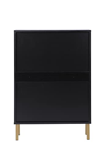 SSLine Shoe Cabinet with 2 Flip Down Storage Shelves Free-Standing Shoe Rack Modern Black Wood Shoe Storage Organizer w/Unique Rattan Decor &Gold Handles for Entryway Hallway Doorway