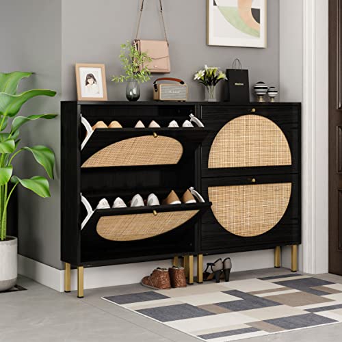 SSLine Shoe Cabinet with 2 Flip Down Storage Shelves Free-Standing Shoe Rack Modern Black Wood Shoe Storage Organizer w/Unique Rattan Decor &Gold Handles for Entryway Hallway Doorway