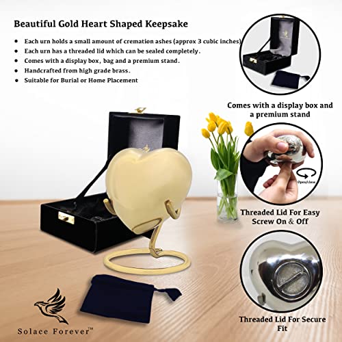 Gold Heart Urn - Small Keepsake Urn for Human Ashes with Black Box & Stand - Small Urn Heart - Handcrafted Heart Cremation Urn - Mini Urn for Ashes - Heart Shaped Urn for Men Women & Infants