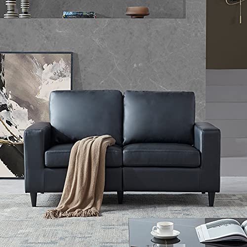 Woanke Sofa Modern Style Loveseat PU Leather Upholstered Couch Furniture for Home or Office, Solid Frame and Wood Legs, Black