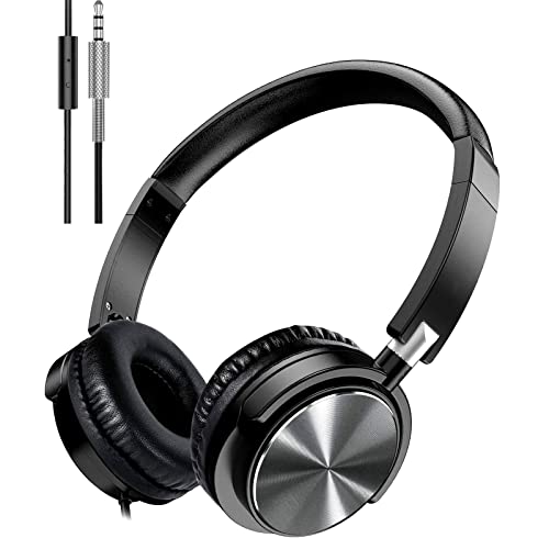 Nasuque Headphones with Microphone, Foldable Wired Headphones with Deep bass, Adjustable Headband and Noise Isolation for Smartphone Computer Laptop Chromebook MP3/4, (Black Gray)