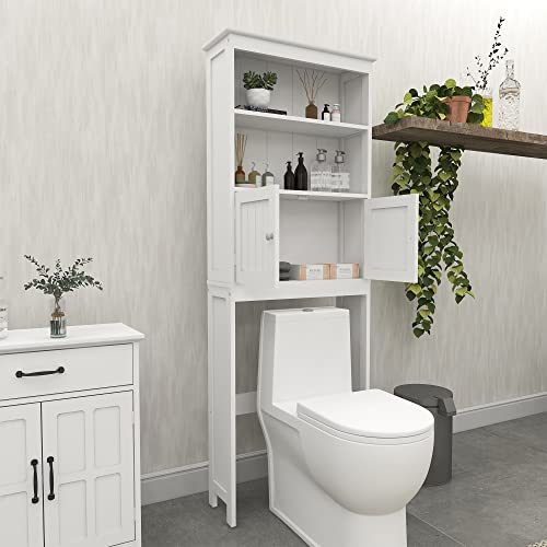 OQSC Bathroom Shelves Over The Toilet Storage Cabinet with 2 Doors Wood Over Toilet Bathroom Organizer Freestanding Above Toilet Rack, White