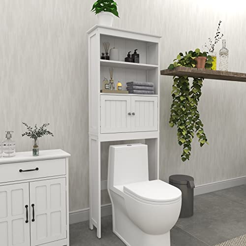 OQSC Bathroom Shelves Over The Toilet Storage Cabinet with 2 Doors Wood Over Toilet Bathroom Organizer Freestanding Above Toilet Rack, White