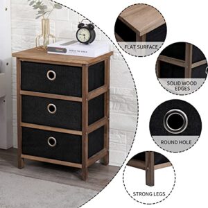 NO MORE TAG Fabric Night Stands Set of 2, Nightstands with 3 Fabric Drawers, 2 Fabric Dressers, Bedside Tables for Small Place, Bedroom, Wood Top&Easy Pull Fabric Bins, Brown & Black