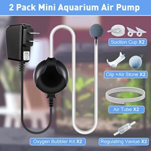 2 Pack Black Aquarium Air Pump Quiet 1.5W Oxygen Aerator Kit for Fish Tank 20 Gallon, Mini Air Pump for Fish Tank Pump with Air Pump Accessories Air Stone Tubing Suction Cup