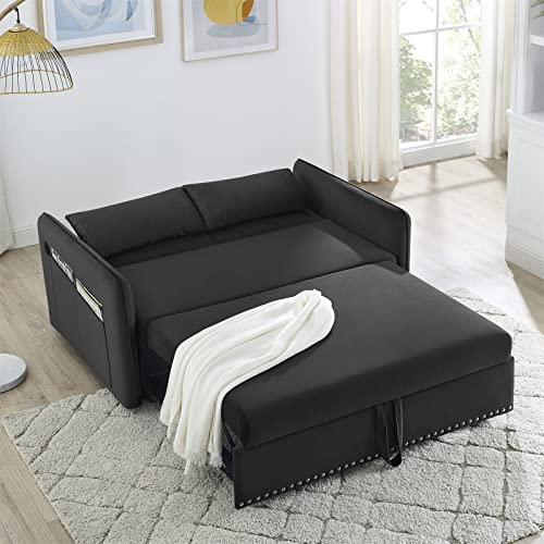 Ucloveria Pull Out Sleeper Sofa with USB Charging, 3-in-1 Adjustable Sleeper Couch, 2 Lumbar Pillows and Side Pocket, Soft Velvet Convertible Sleeper Sofa Bed for Living Room Bedroom, Black