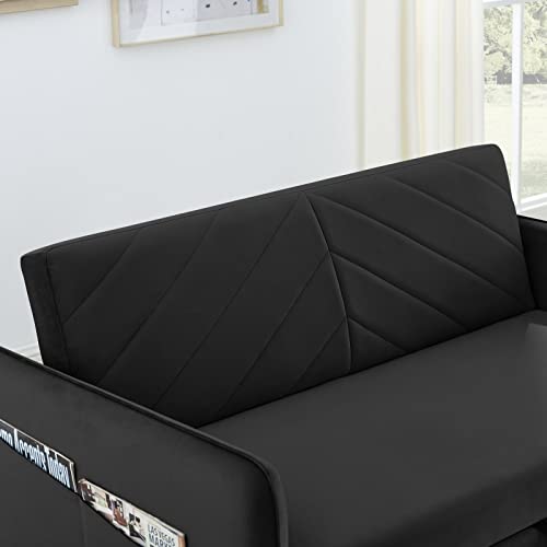 Ucloveria Pull Out Sleeper Sofa with USB Charging, 3-in-1 Adjustable Sleeper Couch, 2 Lumbar Pillows and Side Pocket, Soft Velvet Convertible Sleeper Sofa Bed for Living Room Bedroom, Black