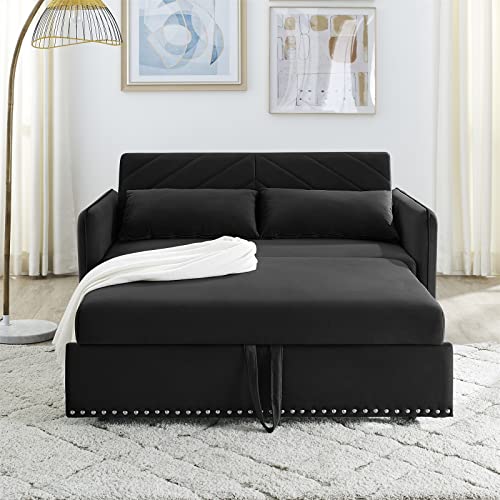 Ucloveria Pull Out Sleeper Sofa with USB Charging, 3-in-1 Adjustable Sleeper Couch, 2 Lumbar Pillows and Side Pocket, Soft Velvet Convertible Sleeper Sofa Bed for Living Room Bedroom, Black